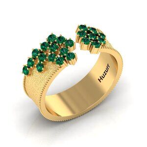 Floral Emerald Gold Filled Open Cuff Band Ring